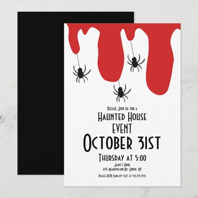 Invitación Casa Embrujada de Halloween Arañas de Sangre (Anverso / Reverso)