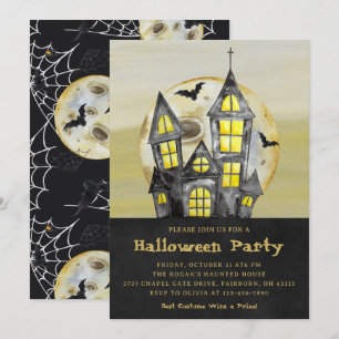Invitación Casa embrujada de Halloween en acuarela negra para
