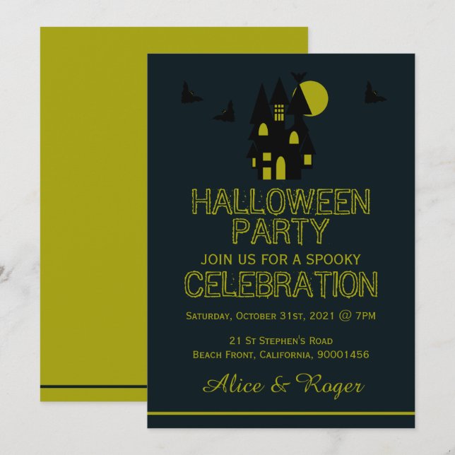 Invitación Casa embrujada, fiesta de Halloween (Anverso / Reverso)