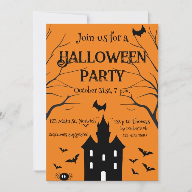 Invitación Casa embrujada fiesta de Halloween naranja (Anverso)