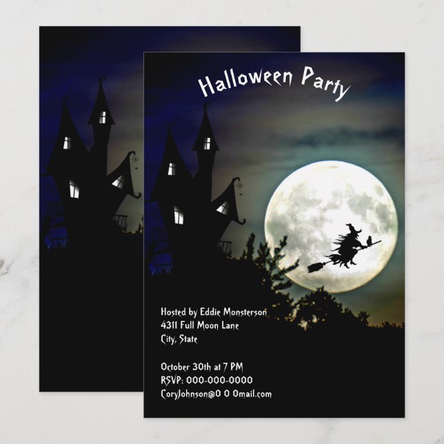 Invitación Casa embrujada, luna llena, fiesta de Halloween Br (Anverso / Reverso)