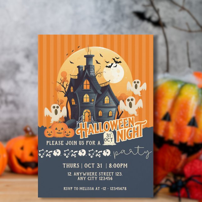 Invitación Casa embrujada moderna de Halloween negra y naranj (Subido por el creador)
