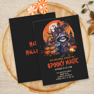 Invitación Casa embrujada moderna gato negro bruja Halloween