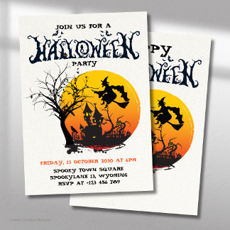 Invitación Casa Embrujada Naranja Fiesta Vintage Halloween