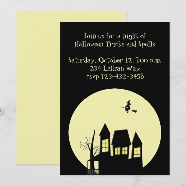 Invitación Casa embrujada y bruja voladora (Anverso / Reverso)