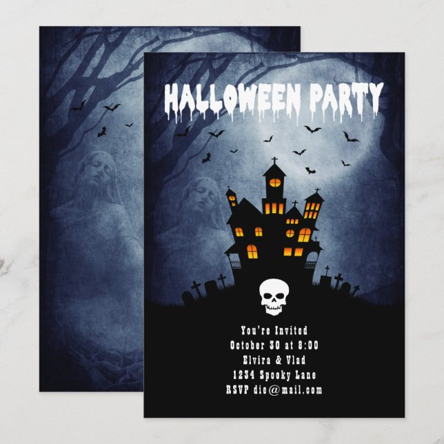 Invitación Casa espeluznante y embrujada con fantasma azul (Anverso / Reverso)