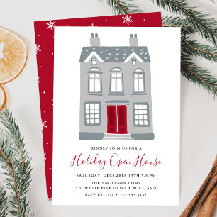 Invitación Casa Gris Bonita Con Puerta Roja Fiesta De Open Ho