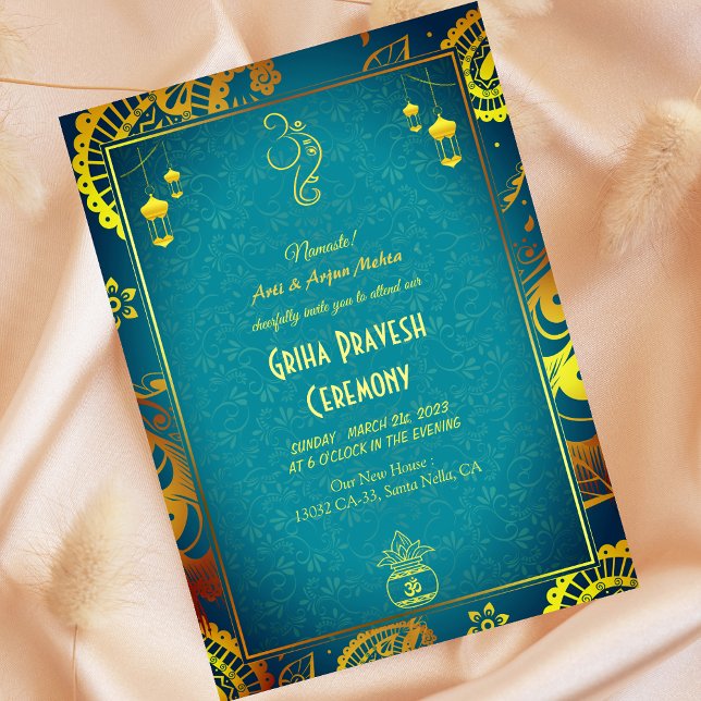 Invitación Casa hindú calienta a Griha Pravesh Verde azulado  (Subido por el creador)