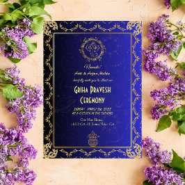 Invitación Casa hindú calienta el azul dorado Griha Pravesh
