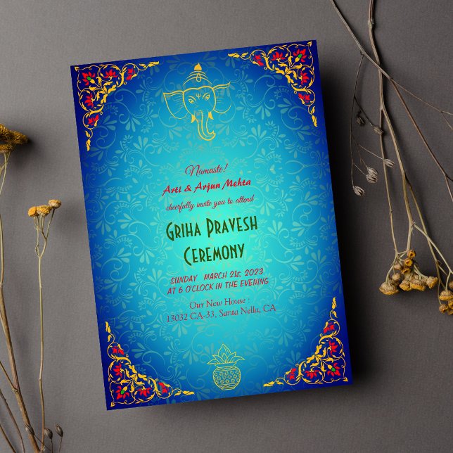 Invitación Casa hindú calienta el azul dorado Griha Pravesh (Subido por el creador)