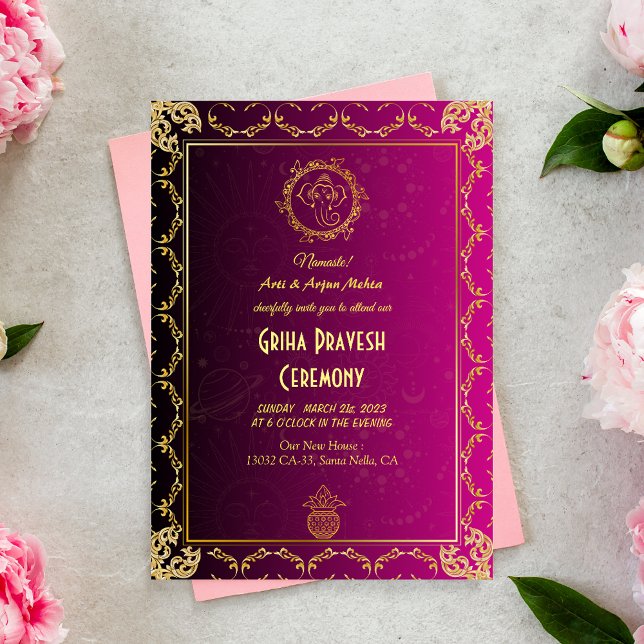 Invitación Casa hindú calienta el rosa dorado de Griha Praves (Subido por el creador)