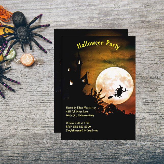 Invitación Casa, luna llena, fiesta de Halloween del Naranja  (House, Full Moon, Witch Orange Sky Halloween Party Invitation)