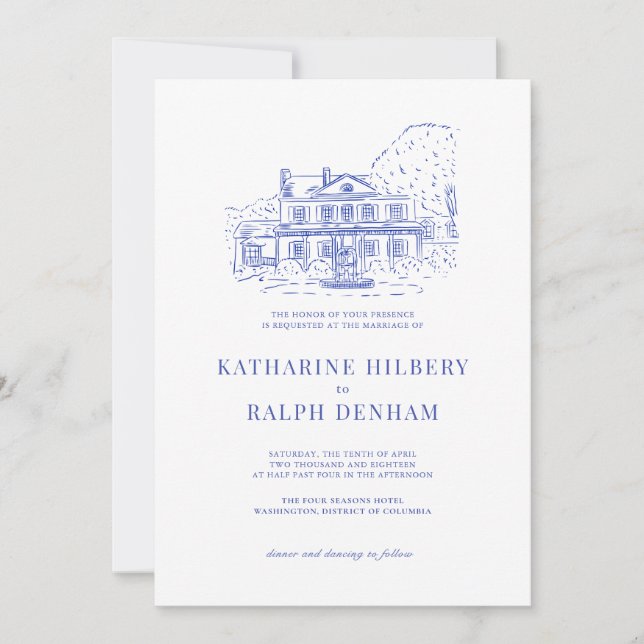 Invitación Casa/Mansión Colonial Azul/Boda de Mano (Anverso)