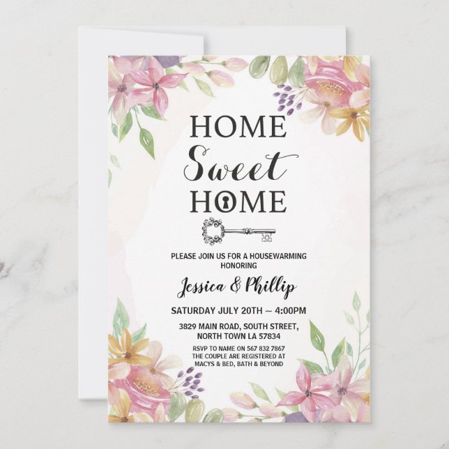 Invitación Casa nueva Fiesta Rosa con flores para el calentam (Anverso)