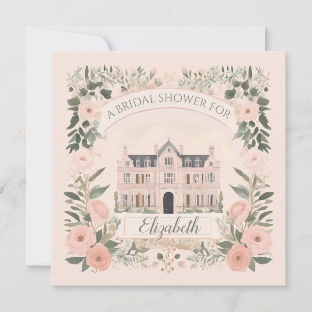 Invitación Casa señorial de Bridgerton con flores rosas (Anverso)