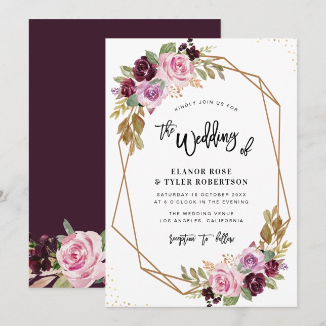 Invitación casamiento color morado floral (Anverso / Reverso)