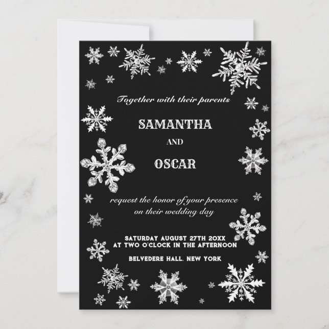 Invitación casamiento de invierno con copos de nieve cristale (Anverso)