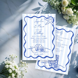 Invitación Casamiento en playa de borde ondulado azul con rsv