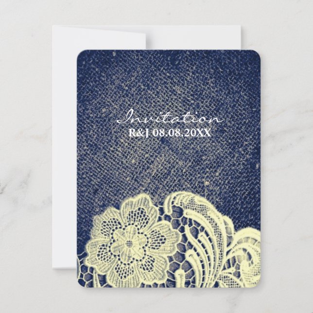 Invitación casamiento rústico de campo azul marino burlap lac (Anverso)
