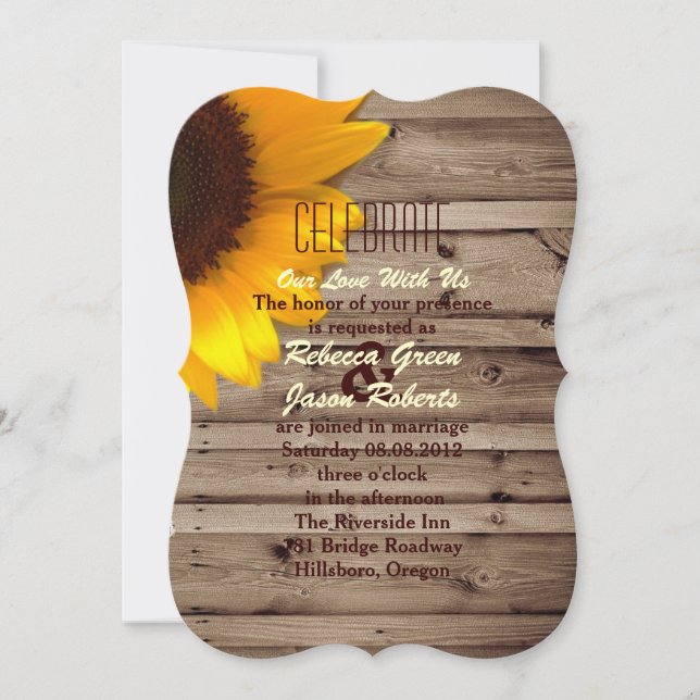 Invitación casamiento rústico de ladrillo de madera girasol c (Anverso)