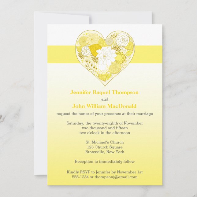 Invitación Casando el | amarillo, corazón floral del blanco (Anverso)