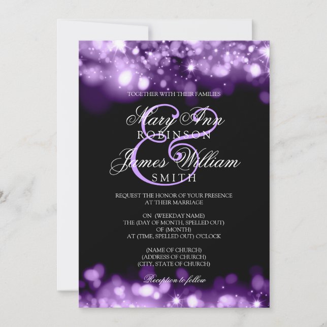 Invitación Casando las luces chispeantes púrpuras (Anverso)