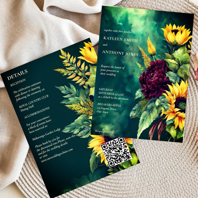Invitación Casas caídas girasoles rústicos verdes (Fall wedding emerald green rustic yellow burgundy sunflowers all in one invitation template digital)