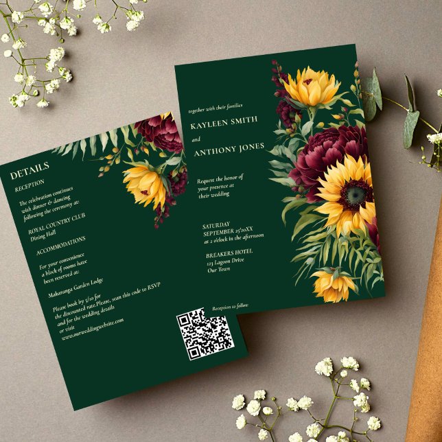 Invitación Casas caídas girasoles rústicos verdes (Emerald green rustic sunflowers fall summer all in one wedding invitation template digital download)