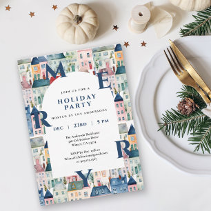 Invitación Casas de Acuarela Azul Fiesta de Navidad Alegre