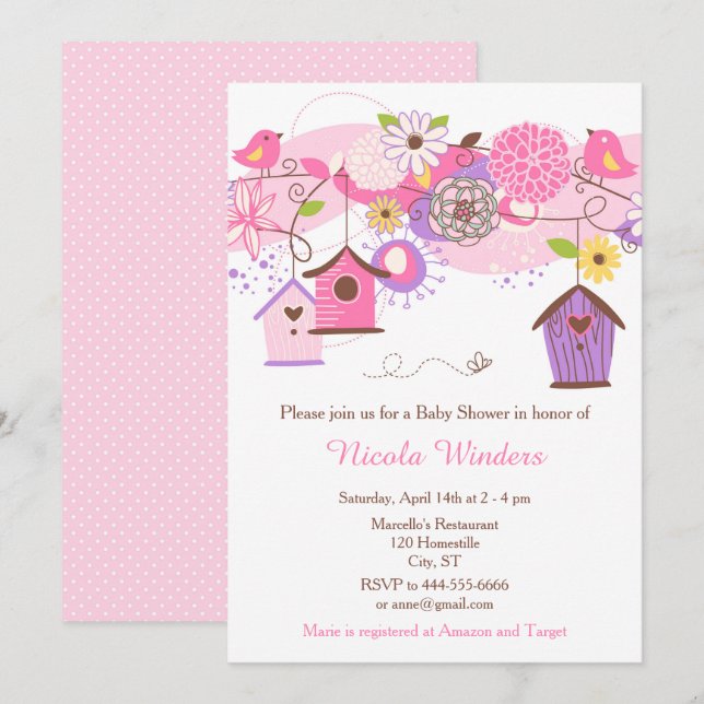 Invitación Casas de Aves Florales Rosa y Morada Baby Shower (Anverso / Reverso)