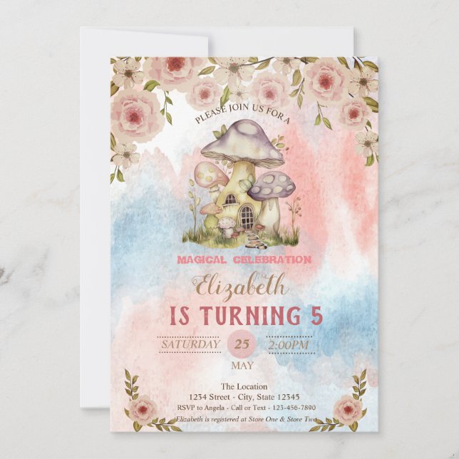 Invitación Casas de Hongos Acuarela Flores Salpicadura Cumple (Anverso)
