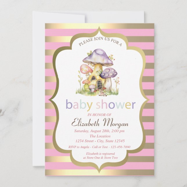 Invitación Casas de hongos Baby Shower de banda de oro (Anverso)