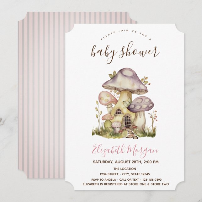 Invitación Casas de hongos Estribos rosados Baby Shower (Anverso / Reverso)