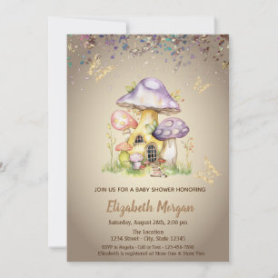 Invitación Casas de Hongos Mariposa Dorada Baby Shower