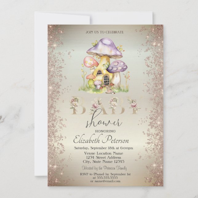 Invitación Casas de hongos Purpurinas Gold Baby Shower (Anverso)