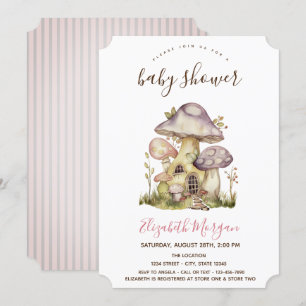 Invitación Casas de hongos rayas rosadas Baby Shower  