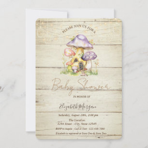 Invitación Casas de Hongos Textura de Madera Baby Shower
