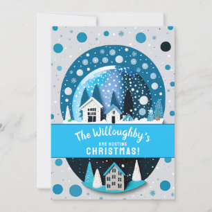 Invitación Casas de invierno azul y blanco en bola de nieve m