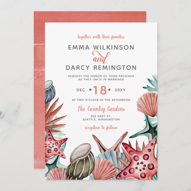 Invitación Cascada acuática rústica Seashells Starfish Beach  (Anverso / Reverso)