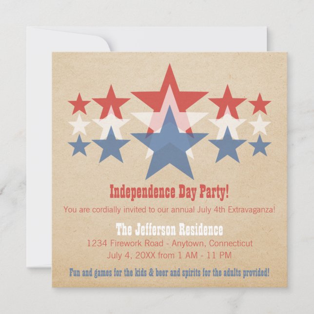 Invitación Cascada de Estrellas Rojas, Blancas y Azules Invit (Anverso)