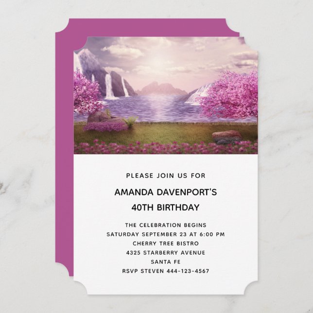 Invitación Cascadas y cerezos alrededor de un cumpleaños en e (Anverso / Reverso)
