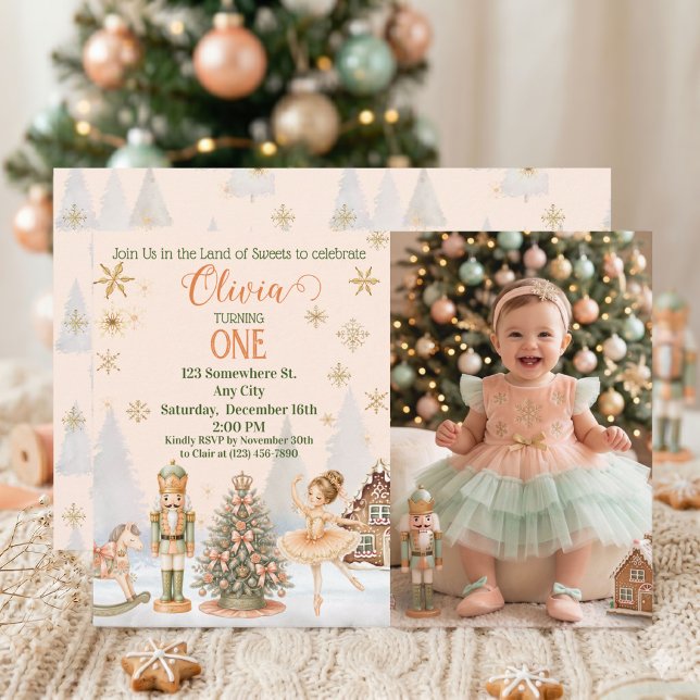 Invitación Cascanueces Azúcar Ciruela Melocotón Menta Dulce U (Personalized Sweet One Nutcracker Photo Birthday invitation)