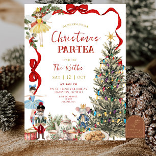 Invitación Cascanueces Clásico Lazo Rojo Coquette Navidad 