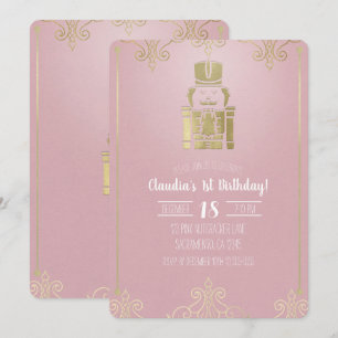 Invitación Cascanueces Elegante Rosa y Dorado Cumpleaños 1