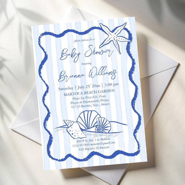 Invitación Cascos de mar ondulados borde rayas azules bebé du (Seashells wavy border blue stripes beach nautical baby shower invitation template)