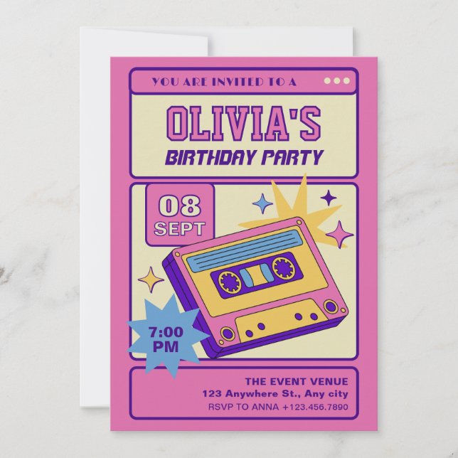 Invitación Casete fiesta de música retro beige rosa (Anverso)