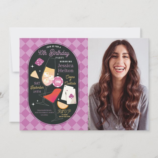 Invitación Casino Cocktails Las Vegas Birthday Photo Pink (Anverso)