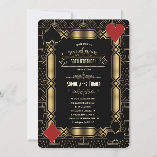 Invitación Casino Gold Art Deco Gatsby 20s Birthday Party (Anverso)