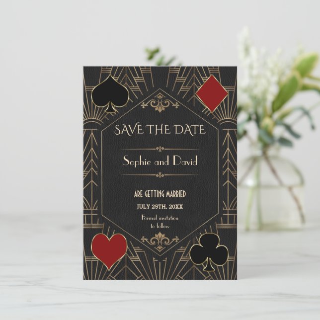 Invitación Casino Gold Black Gatsby Wedding Save The Date (Anverso de pie)