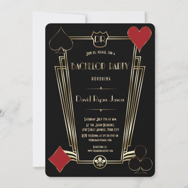 Invitación Casino Night Gold Art Deco Monogram Bachelor Party (Anverso)